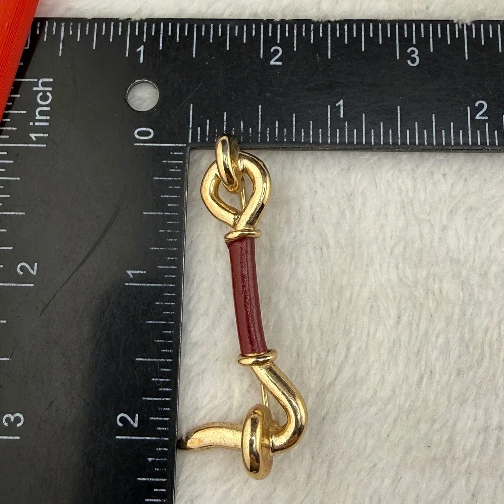 Vintage Brooch Equestrian Hook and Eye Gold Red Enamel  Pin